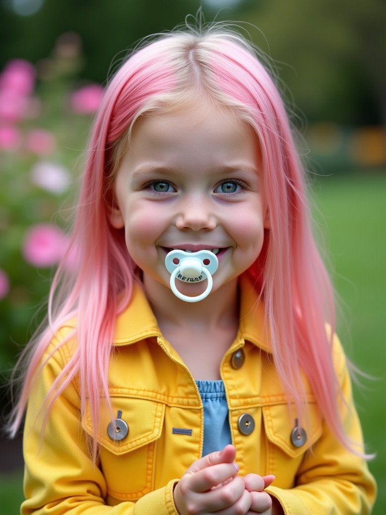 Six year old girl has long pink hair. She wears a yellow denim jacket. She stands in a park. Girl smiles and holds a pacifier in her hand. Emerald green eyes shine brightly.