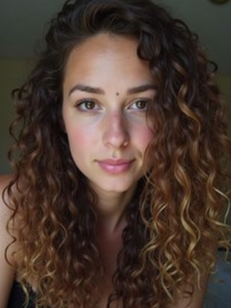 A person with long curly hair looks directly at the camera. Soft lighting highlights the hair texture and features.