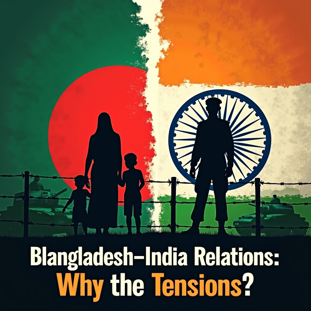 Thumbnail showing Bangladesh India flags overlapping. Central barbed-wire fence indicates border conflict. One side features grieving Bangladeshi family silhouette. Other side shows Indian soldier. Background illustrates 1971 Liberation War, tanks, and trade routes. Text overlay asks about tensions in Bangladesh-India relations.