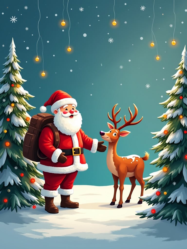 A whimsical Christmas greeting card design features Santa Claus standing beside a friendly reindeer under hanging lights. Snow covers the ground. There are decorated Christmas trees surrounding them. The scene is colorful and festive. A text placeholder for 'test' is located in the middle of the design.