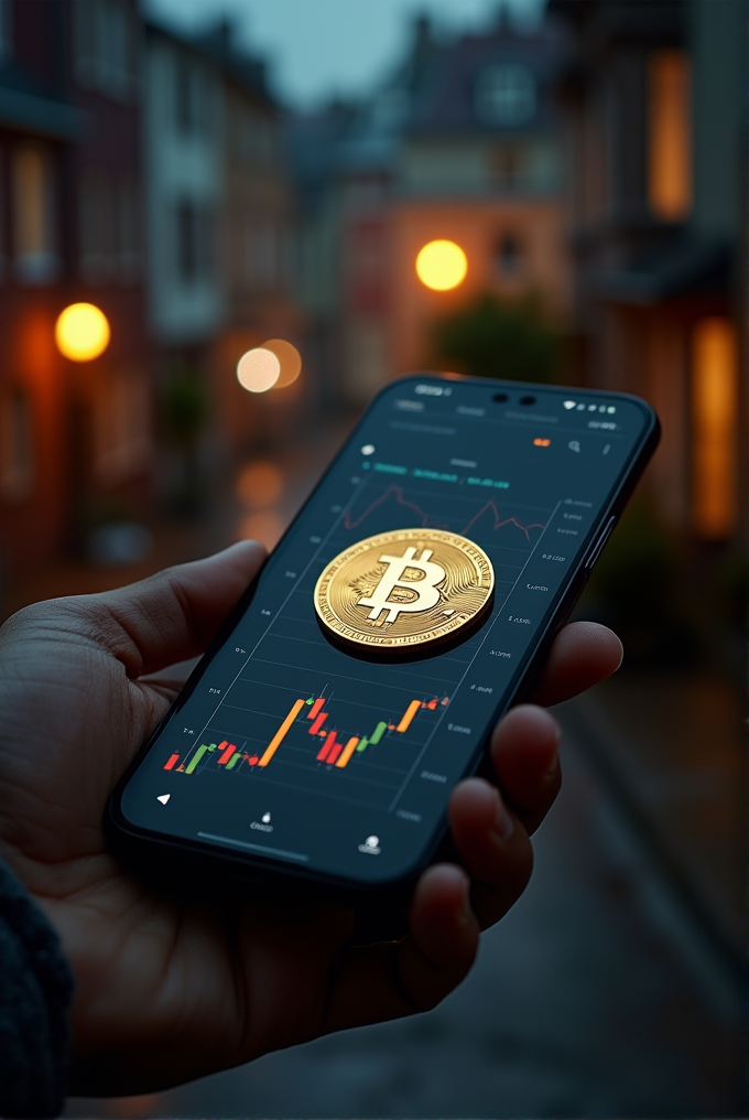 A person holds a smartphone displaying a Bitcoin graph with a golden Bitcoin coin on the screen, set against a blurred background of warm-lit buildings.