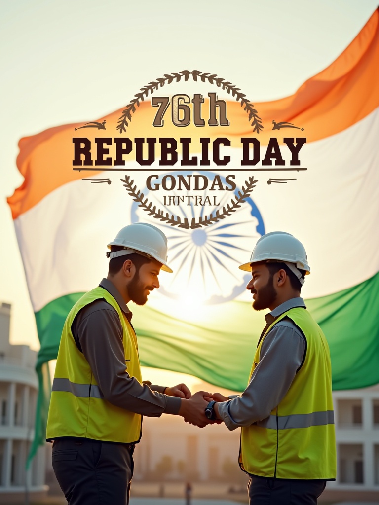 Engineers of construction company celebrate Republic Day. Background shows Happy 76th Republic Day with Indian flag. Engineers wear safety vests and helmets. The flag is large and prominent in the background. Warm light casts a celebratory tone.