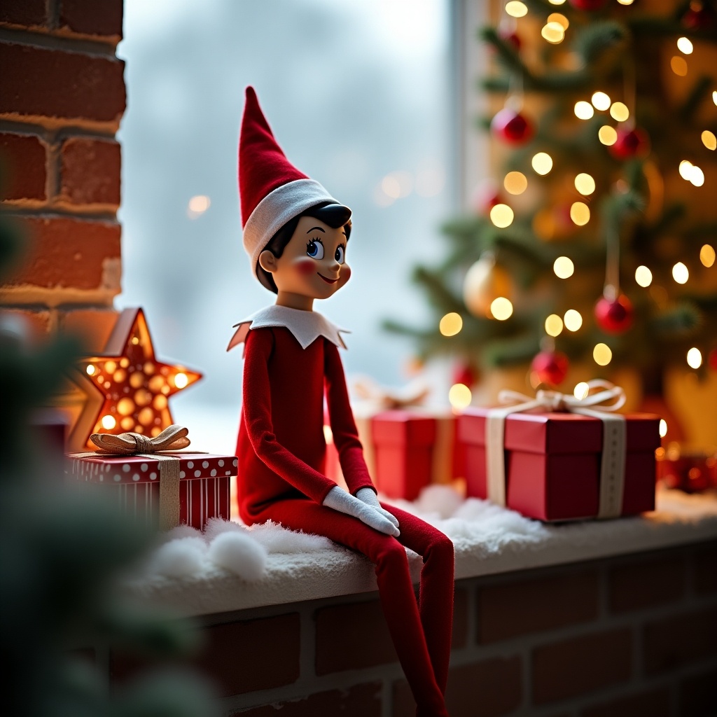 Elf on the shelf figure sits on a windowsill during Christmas. Decorated tree is in the background. Presents wrapped in red and white paper are nearby. Warm lighting creates a cozy atmosphere.