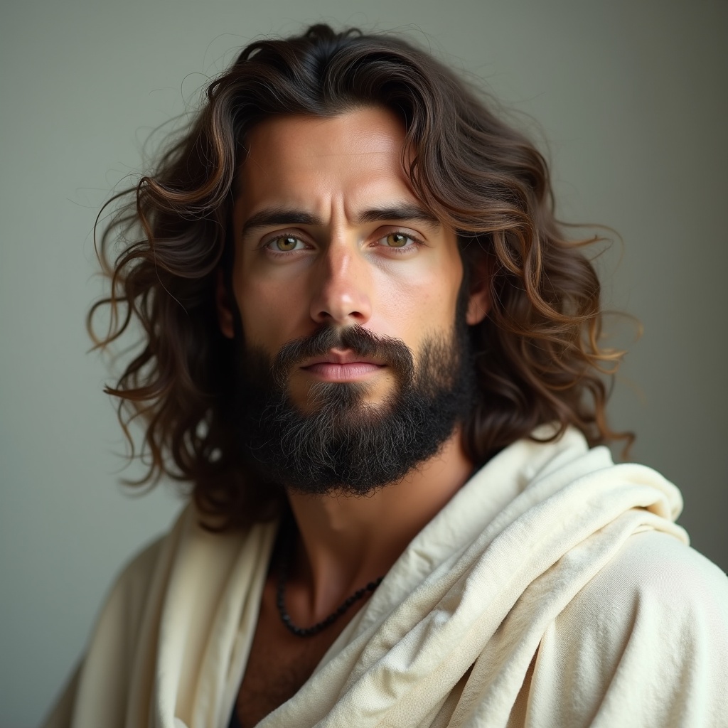 Image features a male figure with long curly hair and a full beard. Serene expression. Piercing eyes convey wisdom. Draped in a light flowing garment. Softly lit background. Overall mood calm and introspective.