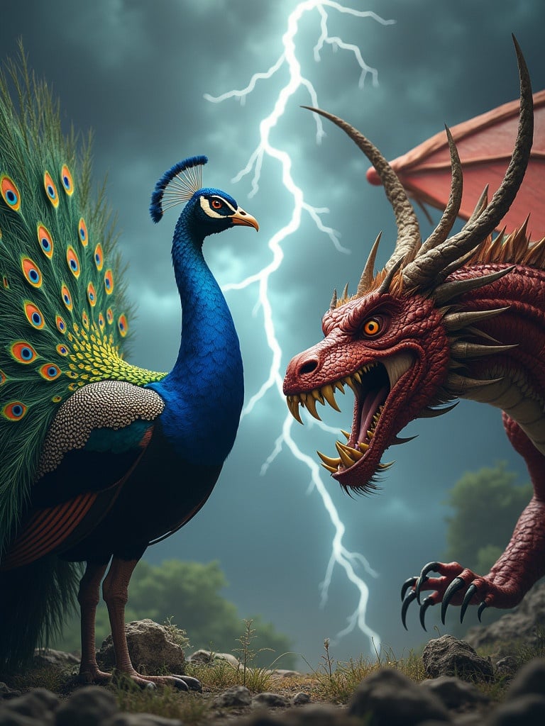 Majestic peacock displays vibrant feathers with narrowed eyes. Fierce dragon snarls with bared teeth and spread wings. Stormy background enhances emotional intensity. Lightning strikes illuminate the scene.