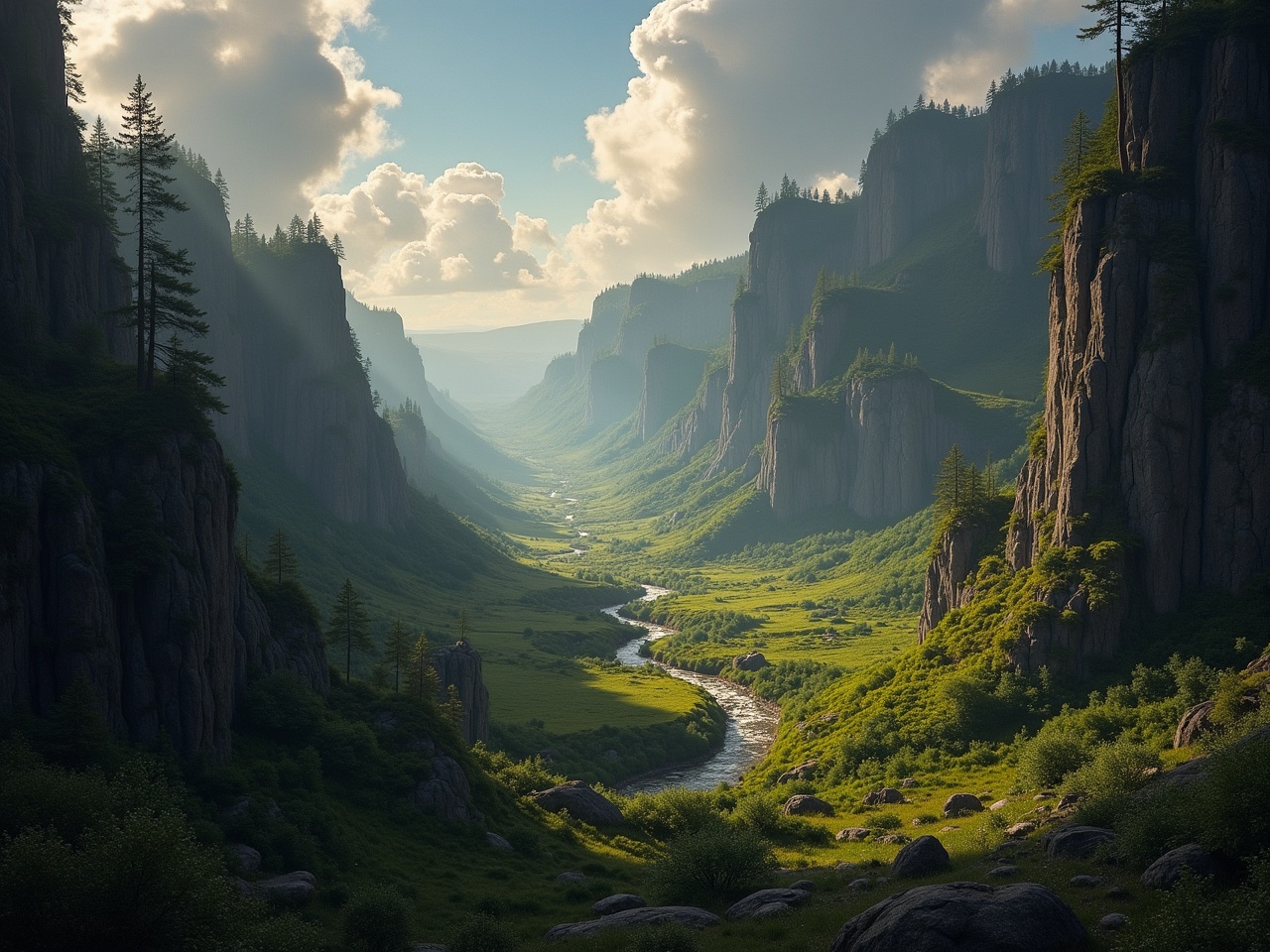 This image captures an epic and eerie landscape featuring dramatic cliffs and a winding river. The scene is illuminated by soft sunlight breaking through the clouds, casting gentle shadows in the valley. Lush greenery blankets the valley floor, contrasting with the rocky cliffs. The overall atmosphere evokes a sense of adventure and tranquility, inviting viewers to explore the natural beauty. This majestic view highlights the splendor of the outdoors, showcasing the grandeur of untouched landscapes.