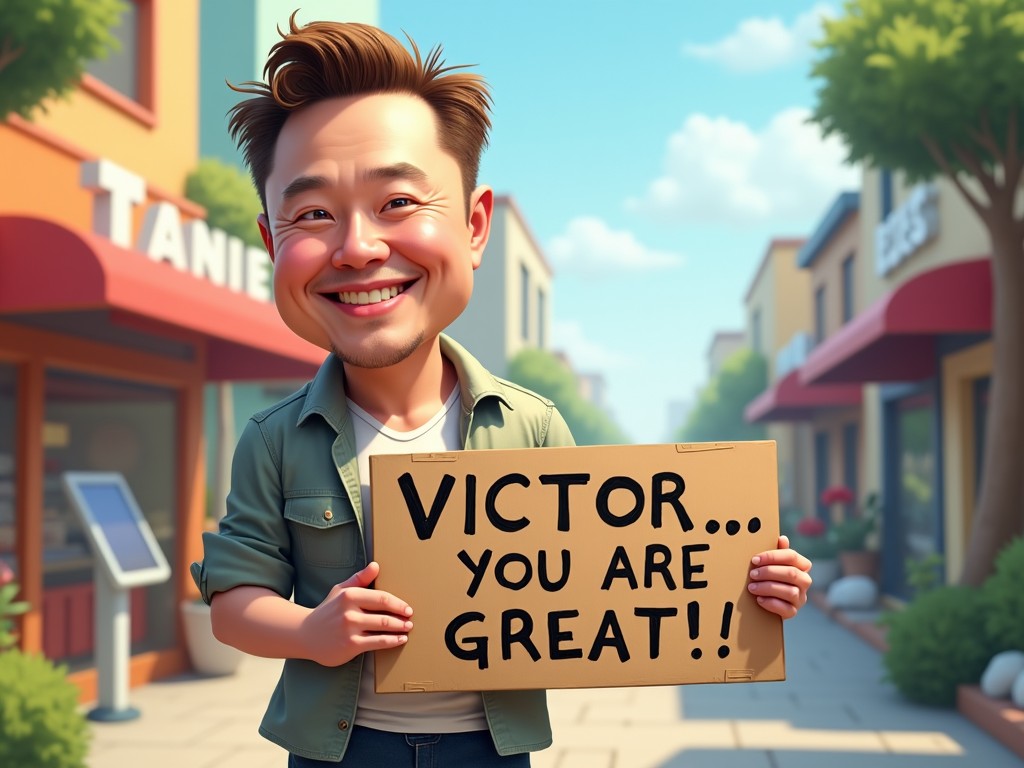 The image depicts a cartoon character with a warm smile, holding a sign that reads 'VICTOR... YOU ARE GREAT!!'. The background features a vibrant street scene with shops and greenery. The character appears happy and approachable. Bright colors dominate the scene, enhancing the motivational message. This is a digital art piece that conveys support and positivity.