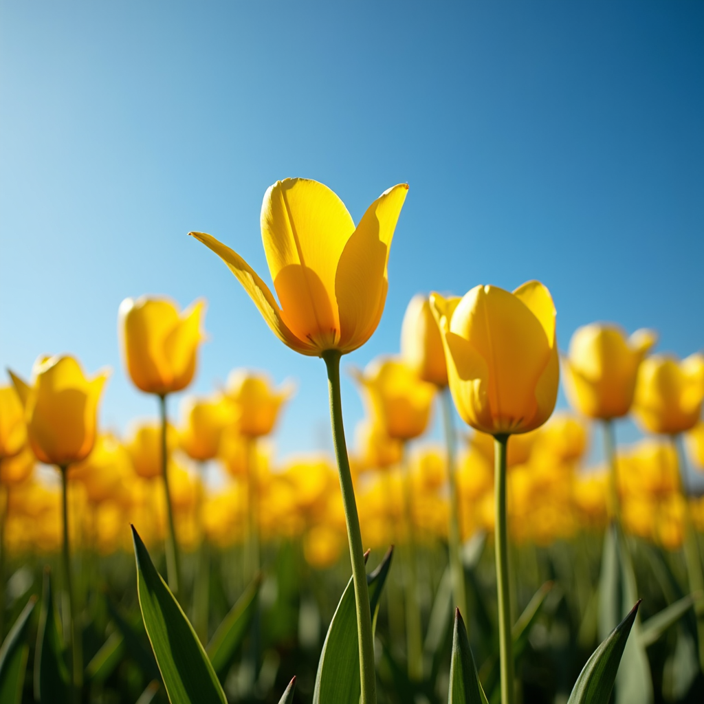 A field of vibrant yellow tulips stretches across under a clear blue sky.