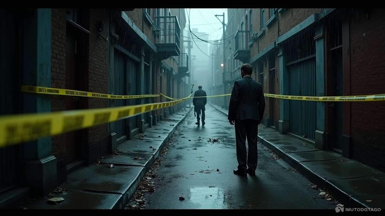 A gloomy, rain-soaked alley is depicted where police tape surrounds a crime scene. A military officer stands at a distance, appearing pale and shocked. Detectives are busily working around the scene. The rain adds to the mood, creating a layer of tragedy and somberness. The overall atmosphere is dark and heavy with grief, evoking a sense of loss and urgency.