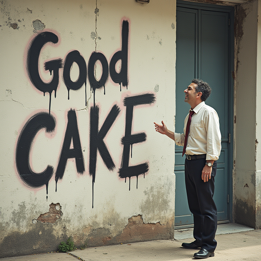 A man in formal attire admires graffiti spelling 'Good CAKE' on a weathered wall.