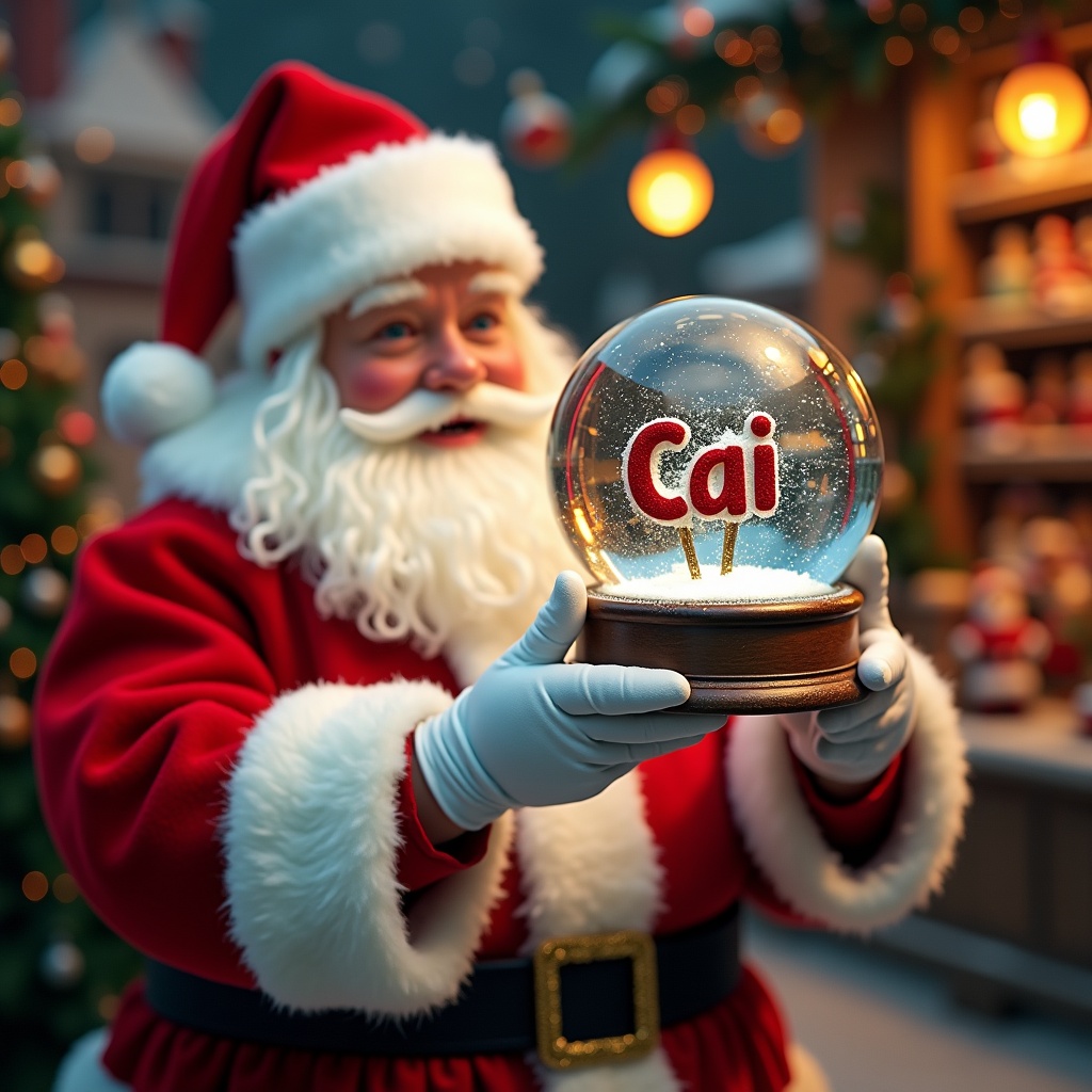 Christmas scene features Santa Claus in red and white suit holding a snow globe with 'Cai'. Background shows a toy shop with festive decorations and glowing lights.