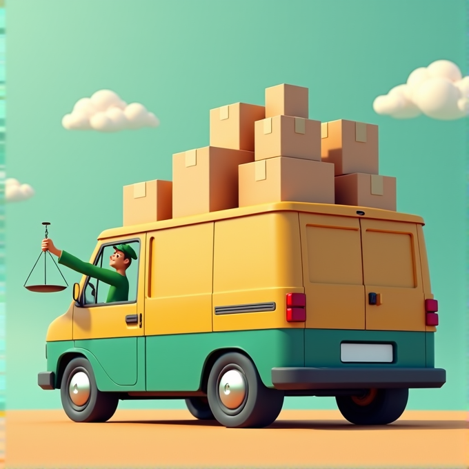 A playful illustration of a delivery van stacked with boxes, featuring a driver playfully holding a balance scale.