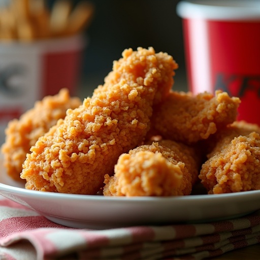 Close-up of a plate of crispy fried chicken. Soft lighting highlights the texture. Focus on the appetizing look of the chicken pieces.