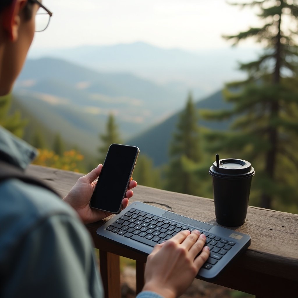 Person standing on a scenic overlook. Holding a smartphone. Wireless keyboard nearby. Coffee cup on the table. Mountains in the background. Forest scenery. Relaxed work environment.