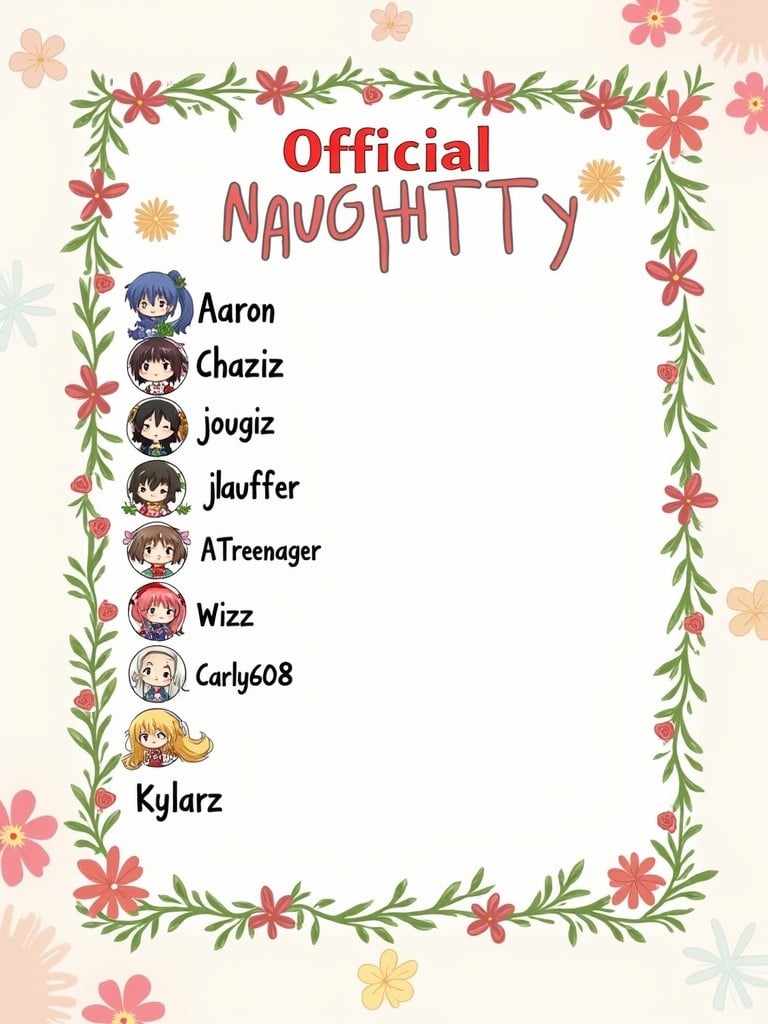 A colorful illustration shows an official Naughty list. Names included are Aaron, Chaziz, jlauffer, ATreenager, Wizz, Carly608, and Kylarz. Character illustrations appear beside each name. The title states Official Naughty. The background features decorative flowers.