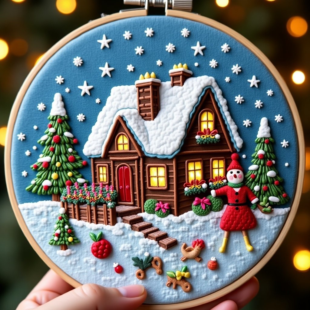 Embroidery hoop featuring a cozy Christmas scene. A house with snow on the roof. Trees decorated with ornaments. A snowman dressed in red. Brightly lit windows create a warm atmosphere.