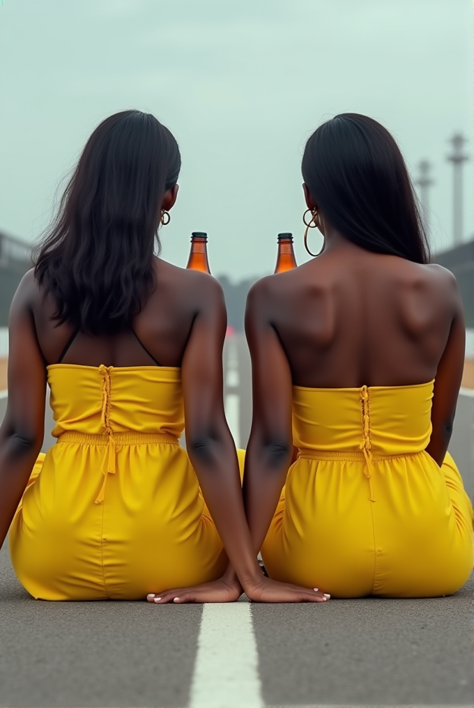 Two women in yellow dresses sit side by side on an empty road, each holding a bottle.