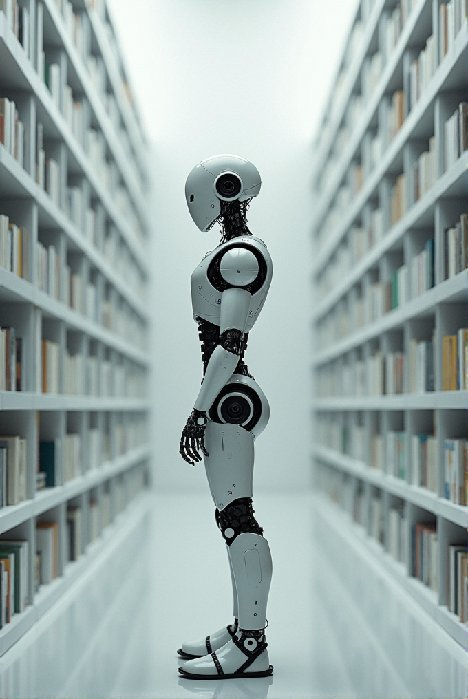 A humanoid robot stands in a quiet library aisle, surrounded by shelves filled with books.