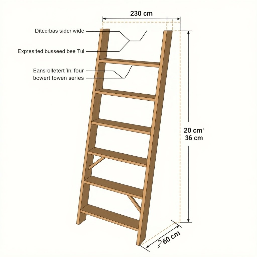 Design a wooden ladder with total height 230 cm. Include 2 pieces of side rails, 8 steps, step spacing, and angle of side rails.