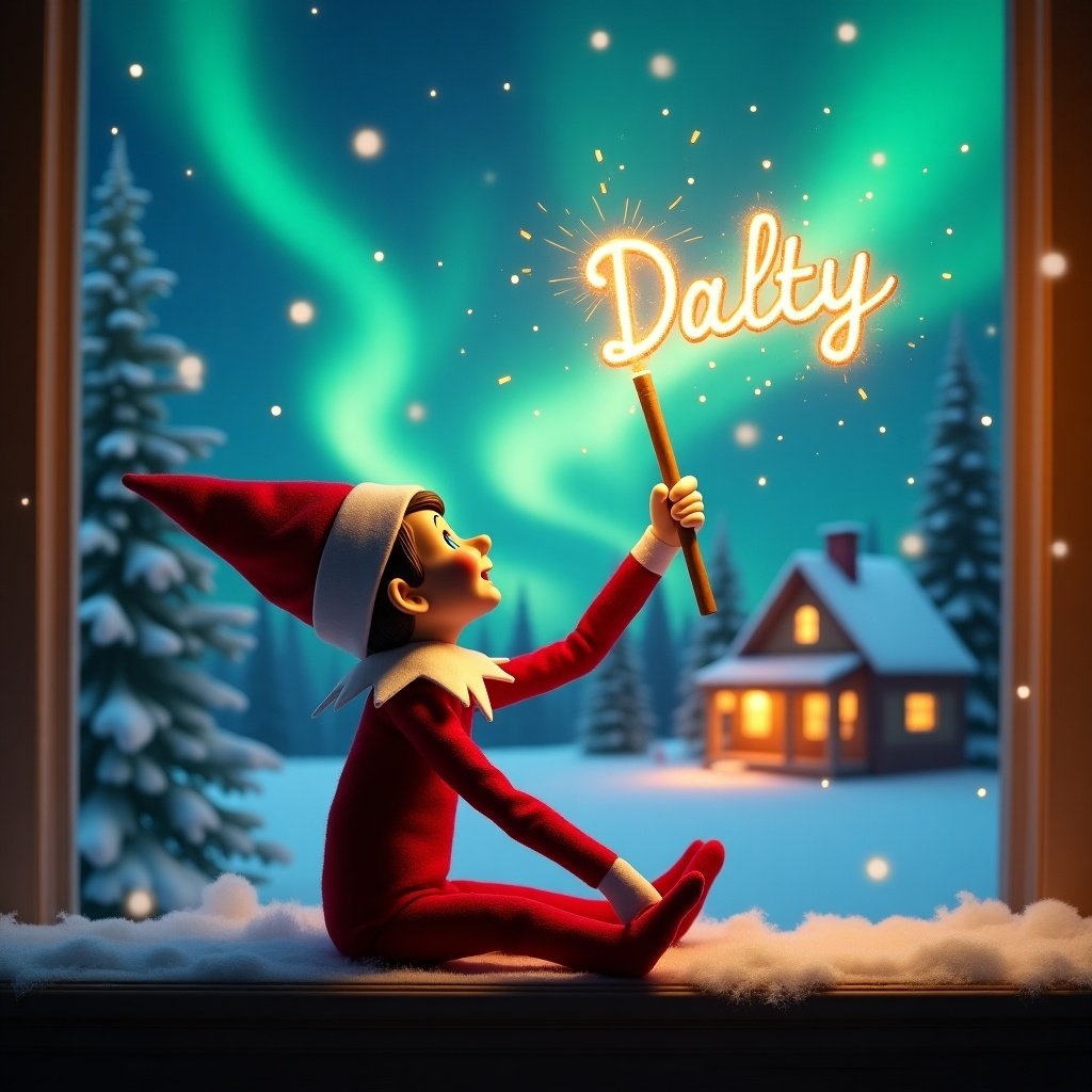 An elf on the shelf sits with its back to the viewer, gazing skyward. It holds a glowing wand that emits sparkling light. The background showcases a charming Christmas scene with colorful northern lights swirling above. In the distance, a cozy house can be seen, decorated for the holidays. Snow covers the ground, adding to the winter atmosphere. The elf is in a playful position, embodying the spirit of magic and wonder associated with Christmas. The name 'Dalty' is written in the air using the wand, creating a sense of holiday cheer.