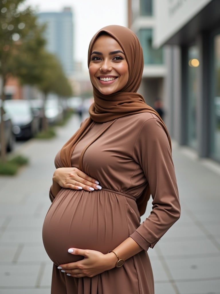 Pregnant woman standing in an urban setting wearing a brown hijab. Woman has a cultivated style and smiles with warmth while holding her pregnant belly. The background displays modern city architecture.