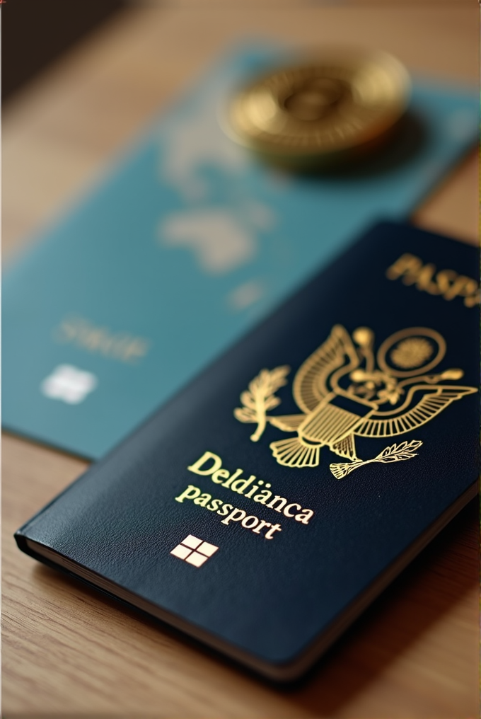 A blue passport labeled 'Delđianca' and a golden coin sit on a wooden table.