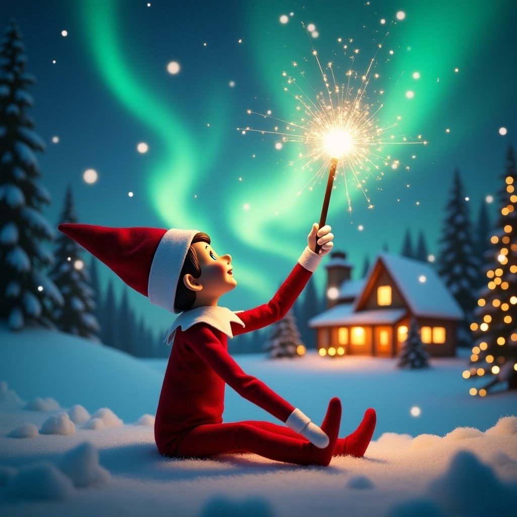 Elf on the shelf gazes at northern lights. Holds glowing wand emitting sparks. Background has a cozy house decorated for Christmas. Snow covers the ground. Elf poses playfully showing joy of holidays. Names written in the air by the wand.