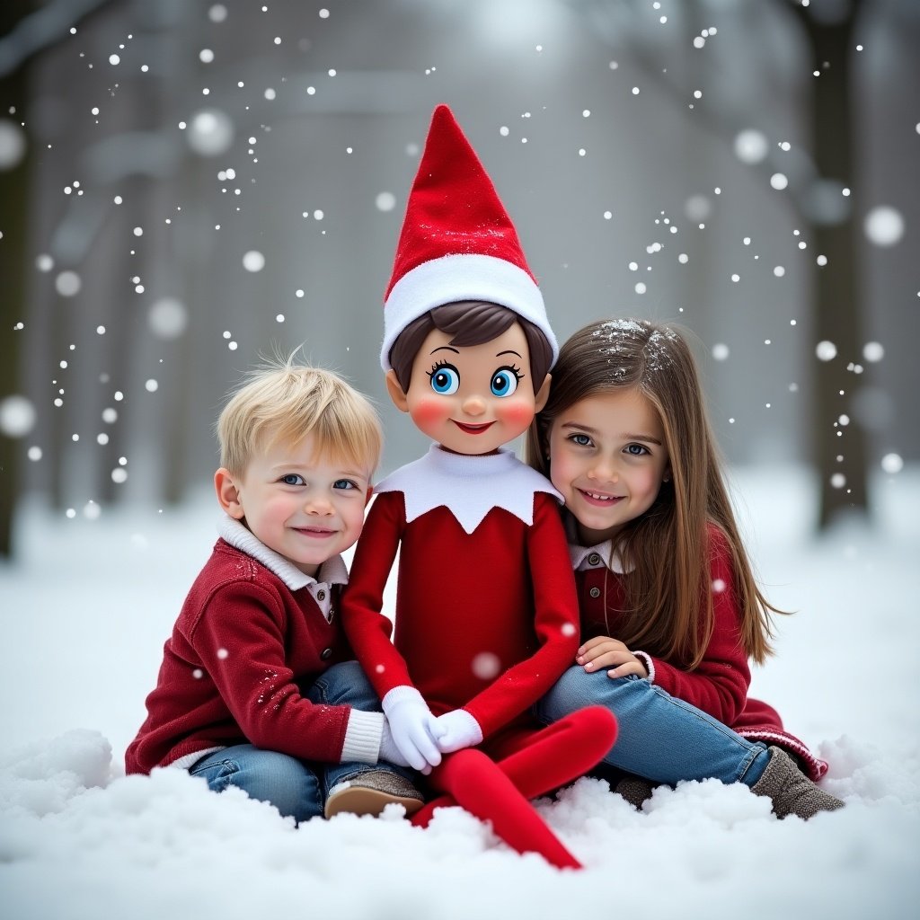 Elf on the Shelf in snowy landscape. Dressed in red with a white collar and pointed hat. Sitting with a boy and a girl. Boy has blonde hair. Girl has brown hair. Snowflakes falling. Magical winter atmosphere.