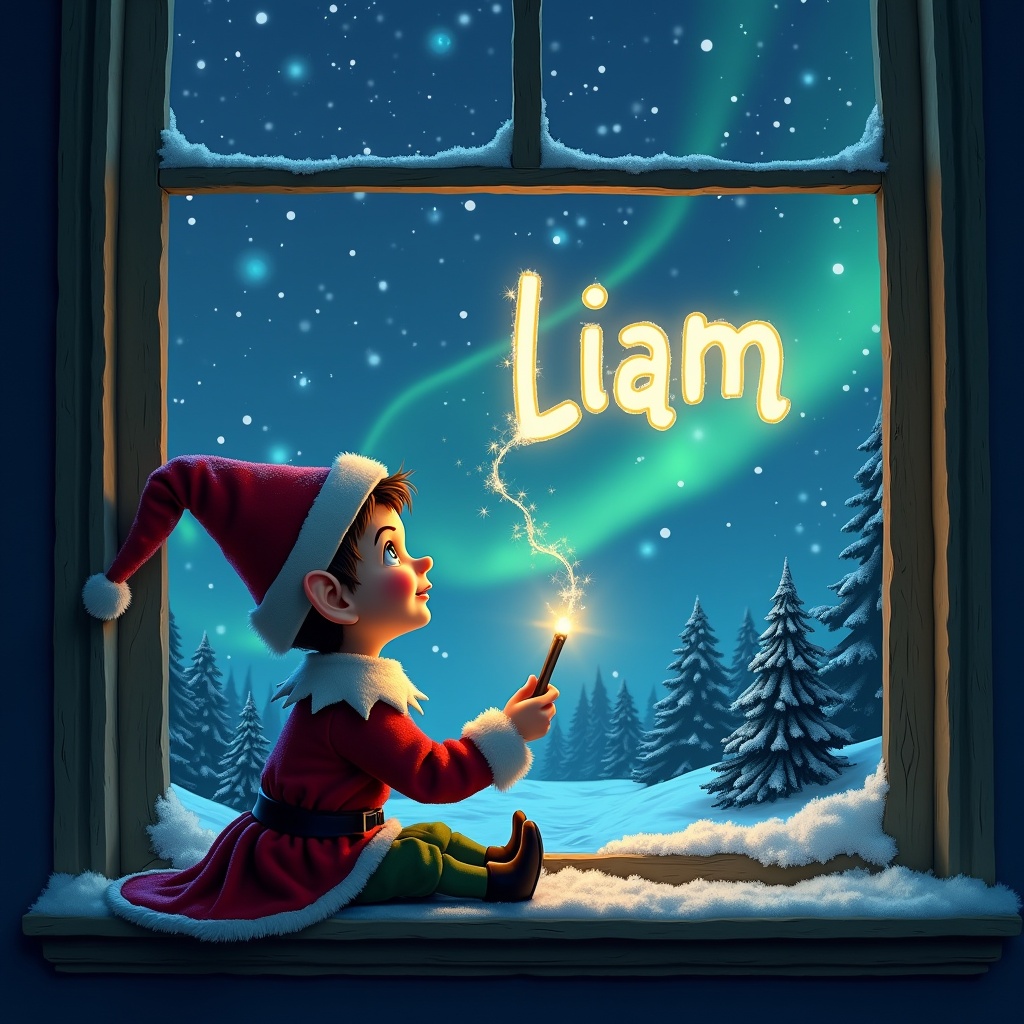 An elf sits on a windowsill. Elf looks up into the night sky. Elf uses a wand to write in the air. Magical scene forms the name 'Liam'. Outside is a snowy landscape with Christmas trees. Northern lights dance in the sky. Whimsical Christmas setting conveys holiday joy and magic.