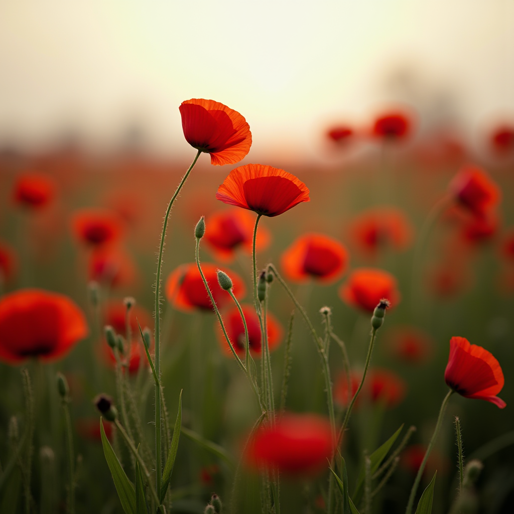 A field of vibrant red poppies with soft, blurred background.