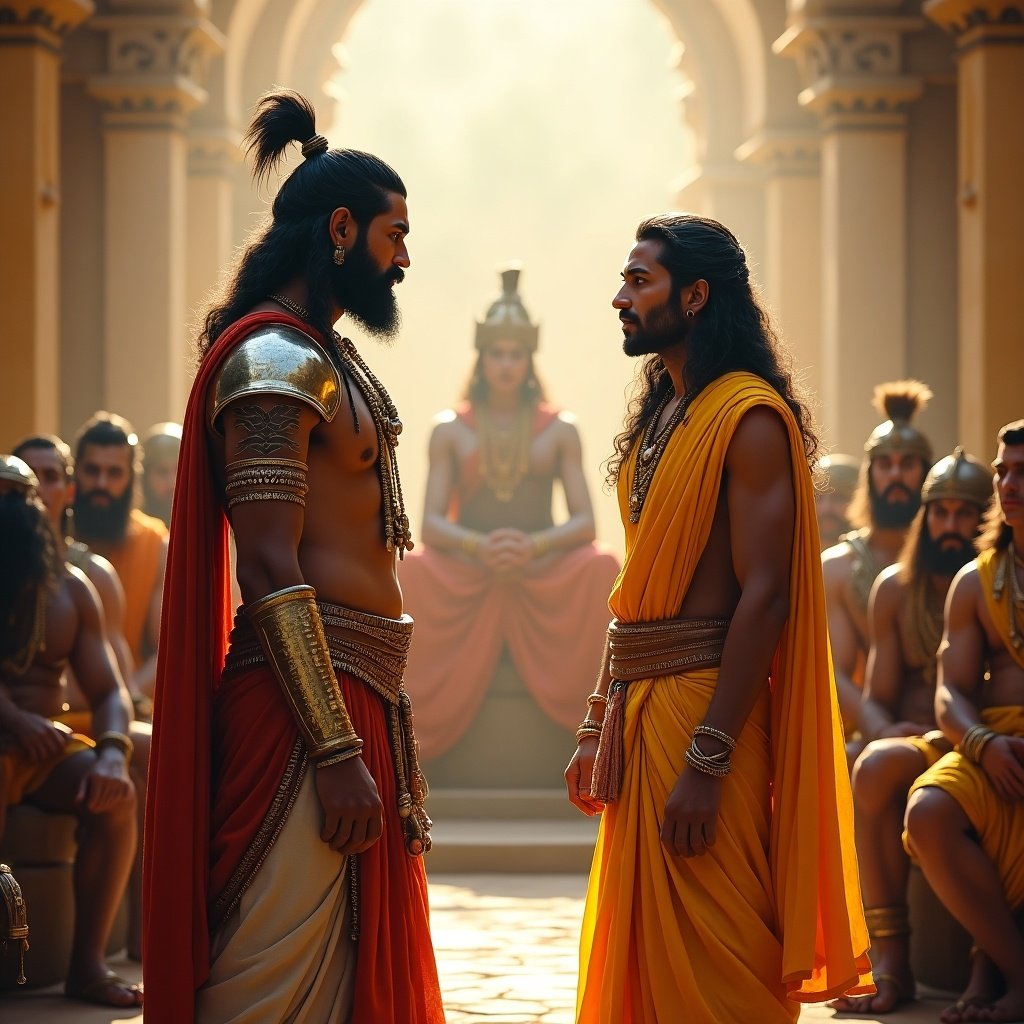 Duryodhana stands defiantly in royal armor. Krishna speaks in simple yellow robes. The court setting is regal and filled with observation from warriors and attendants.