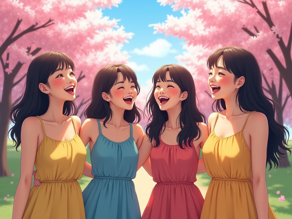 a group of four young women laughing under cherry blossom trees, wearing colorful dresses, sunny day, anime style