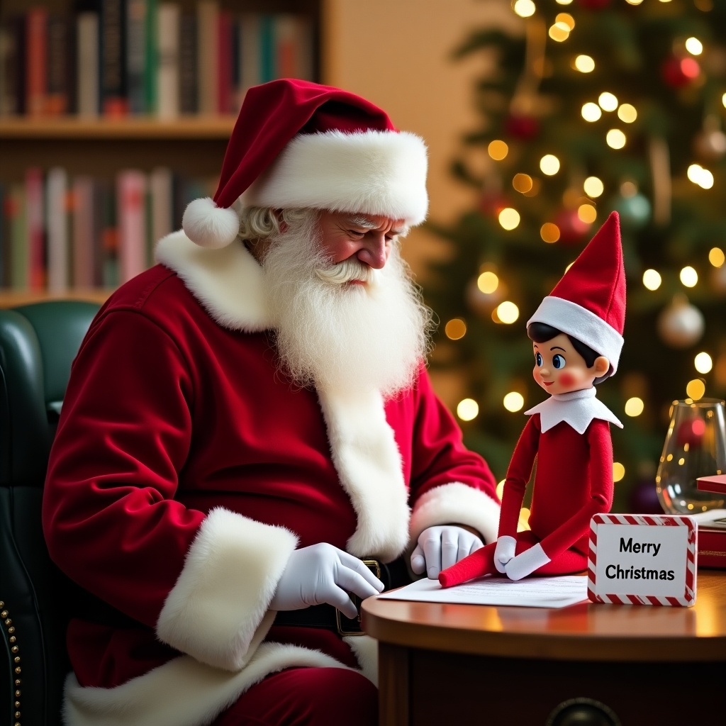 Elf on the shelf with Santa in a workshop setting. Santa is writing. The Elf holds a sign that says Merry Christmas Caydence and Hadley.