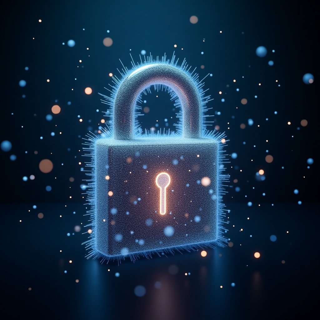 Visual representation of a lock created from quantum particles with a conference setting behind it.