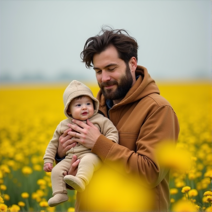 A man holds a baby in a field filled with bright yellow flowers.