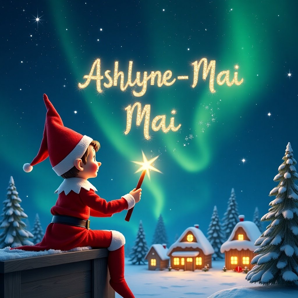 An elf uses a wand to write a name in sparkling letters in the night sky, An elf sits on a ledge wearing a red outfit and hat, gazing at the sky, The elf creates the name with a glowing wand, Below is a snowy landscape with houses and evergreen trees, illuminated by the Northern Lights, An atmosphere of childhood magic and Christmas spirit is present