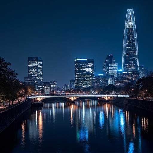 London cityscape captured at night. Showcasing tall buildings and reflections in the river. Emphasize modern architecture and technology.