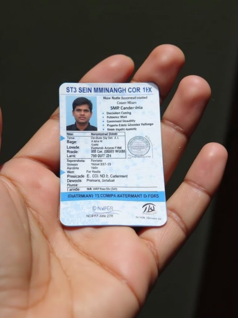 Image of a government issued Unique Disability ID card from India. Card has white background with blue and black text. Card features identification information. Hand holding the card in daylight.