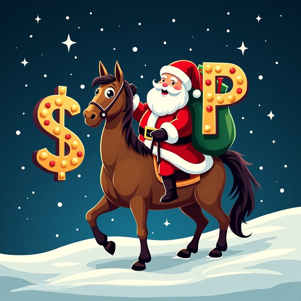 Christmas theme features big letters saying $TRP. Santa is on a horse with a bag of presents. Background is a starry night.