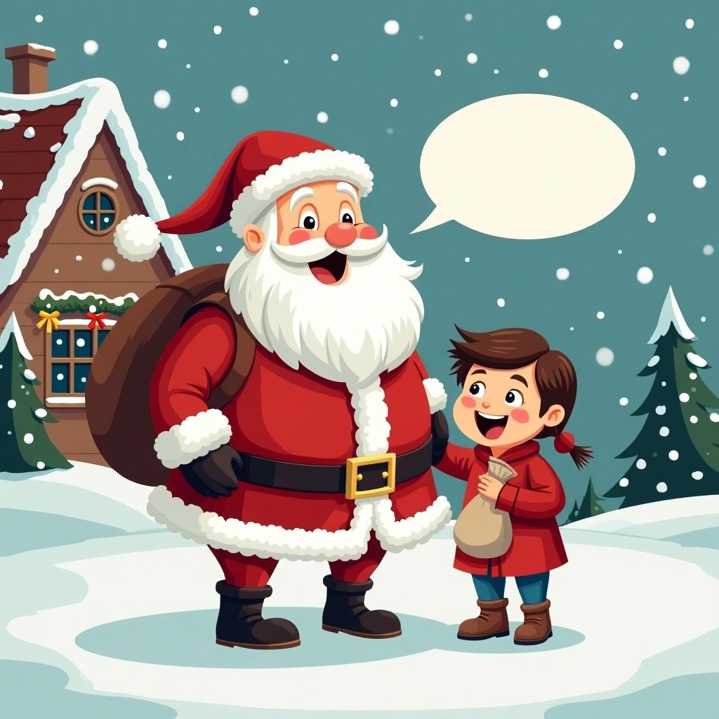 Santa Claus in snowy scene. Happy Santa with a white beard stands with joyful child. Child holds small bag. Snowflakes fall around them. Cozy house with Christmas decorations visible in background. Speech bubbles above their heads.