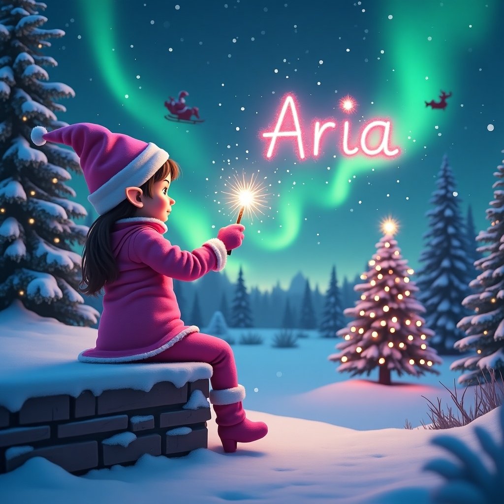 Whimsical scene featuring a pink-clad girl elf sitting on a snowy ledge. She holds a magical wand to spell the name 'Aria' in sparkling pink letters. Background shows vibrant northern lights and a decorated Christmas tree. Soft lights twinkle and a silhouette of Santa can be seen.