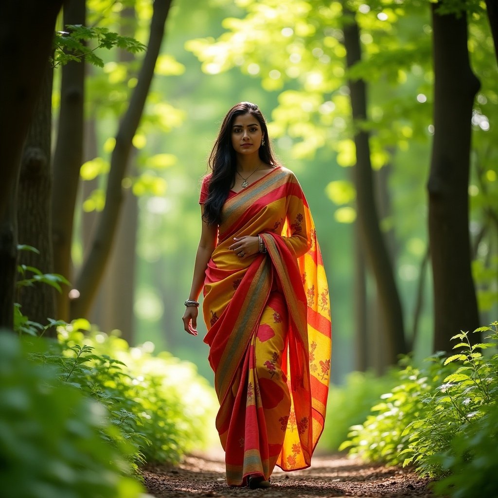 Woman in a saree walking on a forest path. Full body view. Young adult. Natural setting.