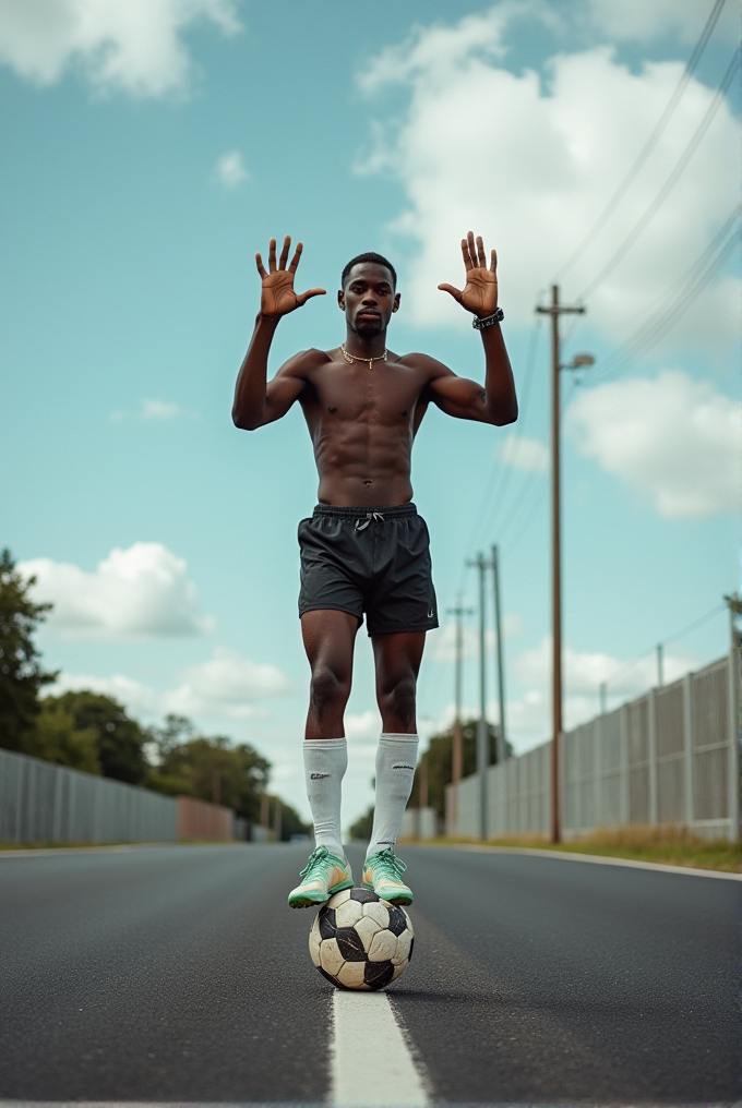 A shirtless man stands on a soccer ball on a deserted road, with his arms raised for balance.