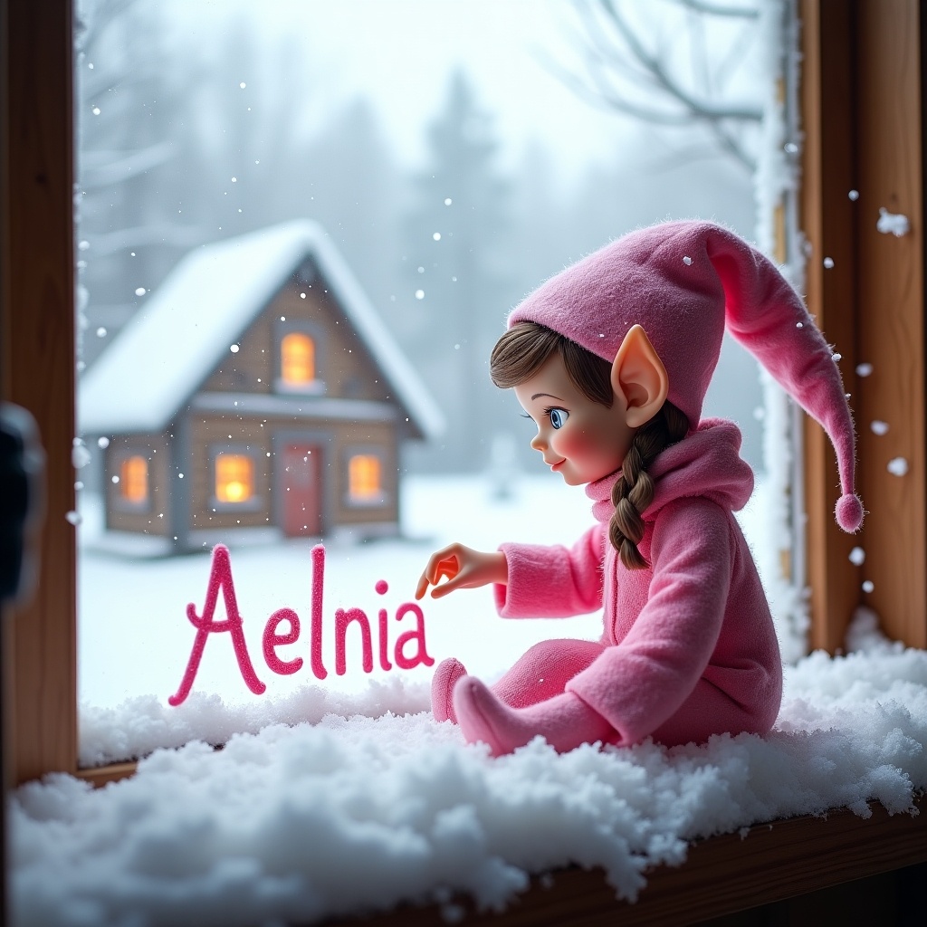 A girl elf in pink sits on a snowy windowsill. She writes 'Aelnia' in white snow. A cozy house is seen outside through the window. Snowflakes fall gently creating a magical scene. The elf's expression is joyful and warm during the holiday season.