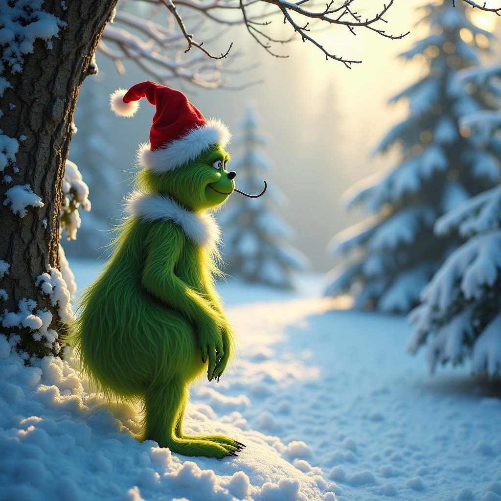 Grinch stands in a snowy landscape wearing a Santa hat. The environment is picturesque with trees and sunlight.