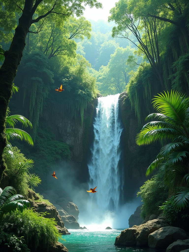 Lush tropical forest scene. Majestic waterfall cascading down rocky cliff. Surrounded by thick moss-covered trees and vibrant ferns. Brightly colored birds soar through the air. Rich green hues and vivid details create tranquility.