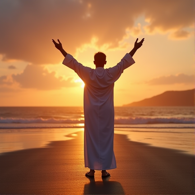 A person stands on a beach, arms raised, gazing at a vibrant sunset.