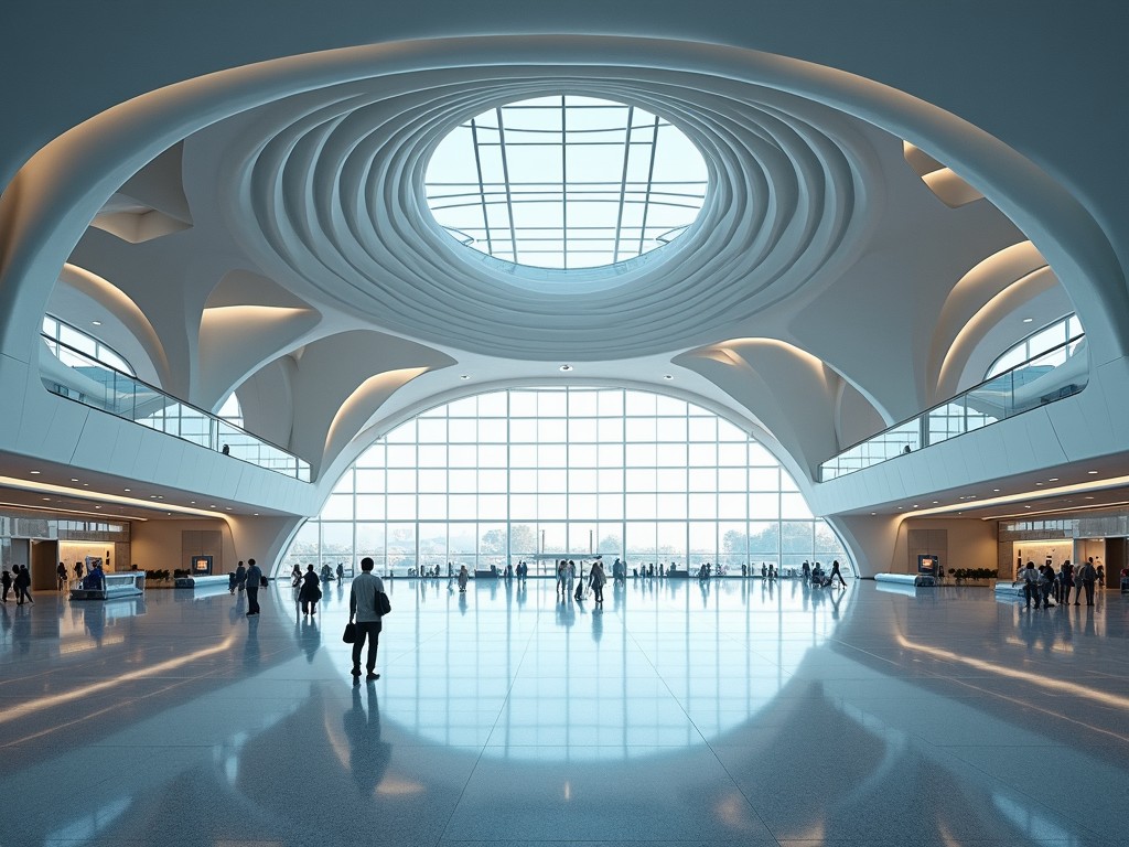 This image showcases a modern airport terminal with a stunning architectural design. The large circular skylight creates a captivating focal point above the spacious lobby. Expansive glass windows allow natural light to flood the area, enhancing the airy atmosphere. People are seen in the foreground, illustrating the scale of the space. The smooth curves and minimalist design elements contribute to a contemporary feel.