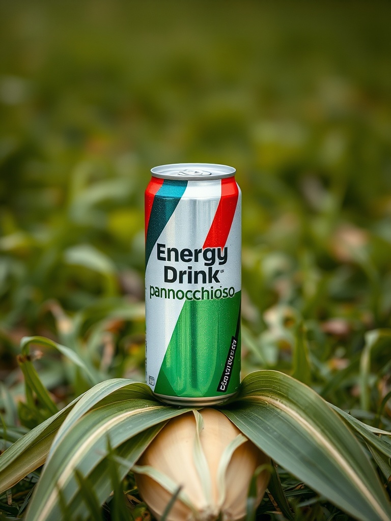 This image features a can of energy drink labeled 'Pannocchioso,' placed atop a leafy plant, which resembles a bush in a grassy area. The can's vibrant colors of red, green, and blue contrast sharply with the natural, muted greens of the surrounding foliage, creating a striking visual impact. The background is softly blurred, highlighting the can and leaves as the primary focus.