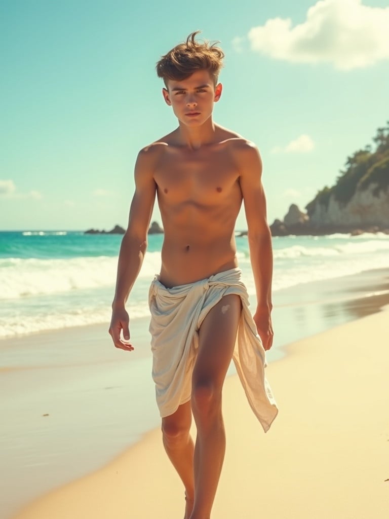 Young muscular teenage boy walking on sandy beach. Boy is shirtless and wearing a g-string style loincloth. Ocean waves are crashing in the background. Bright sunny day with a clear blue sky.